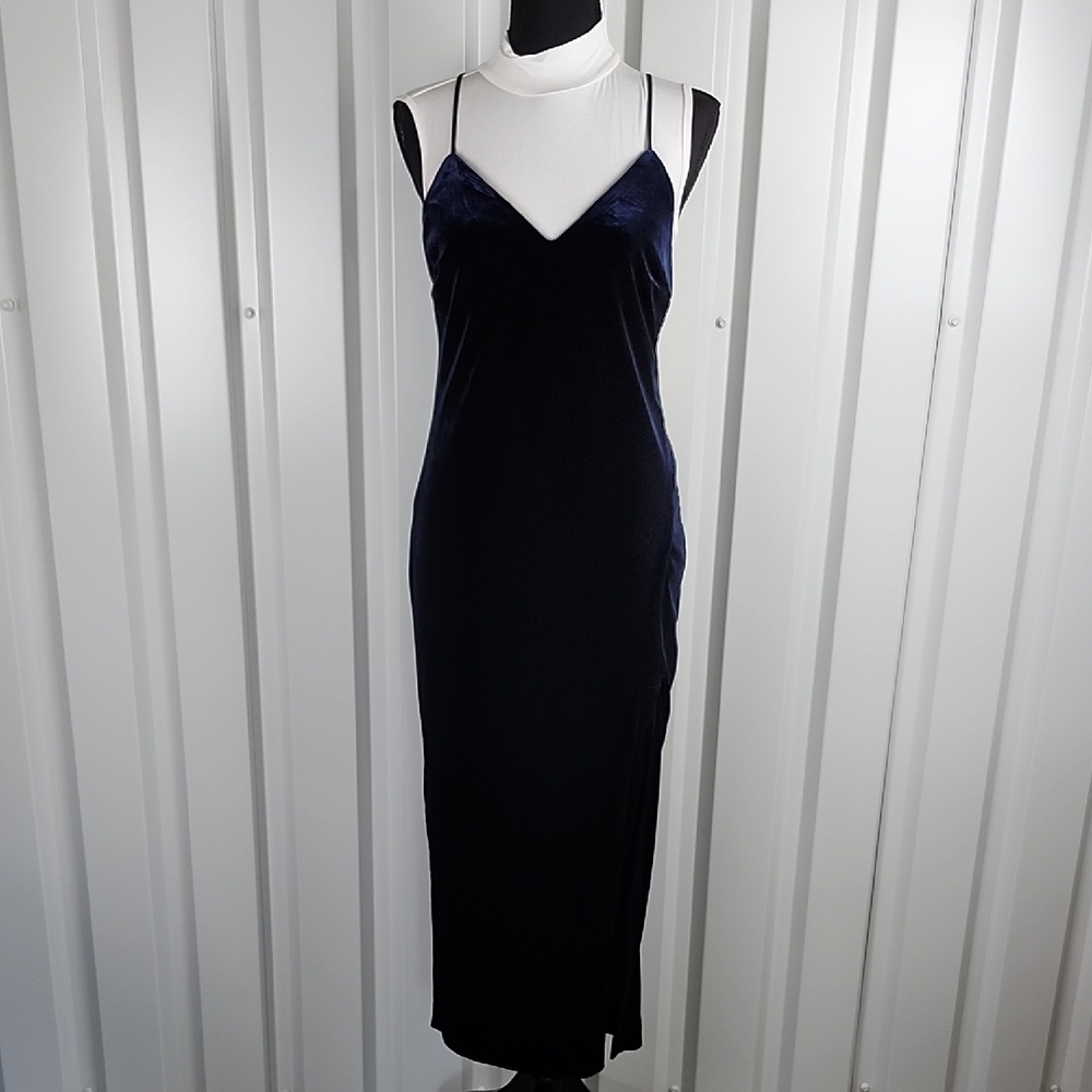 Bardot Raven Navy Blue Velvet Slip Dress Midi Spaghetti Straps Size 10 Cocktail